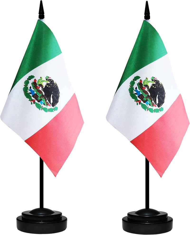 BCLin Mexico Desk Flag Set, 2 Pack Mexican Table Office Flags, Small Mini Desktop Flag With 12" Solid Black Pole, Black Base, Miniature Desktop Flag - Image 1
